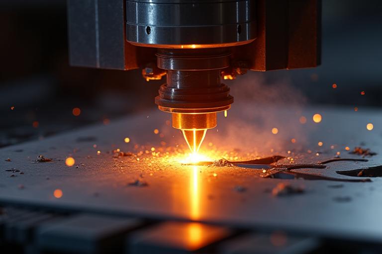 Ein Faserlaser schneidet präzise durch eine Metallplatte.